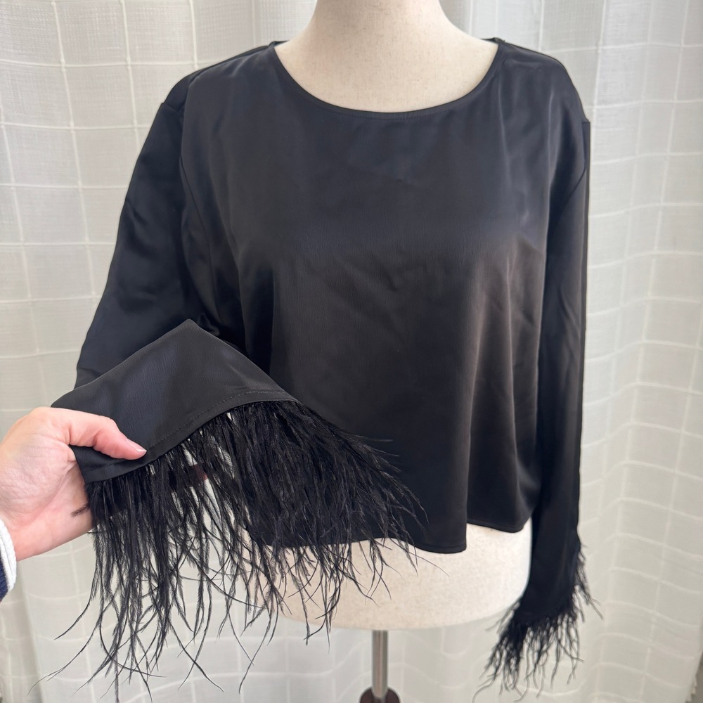 WAYF Black Feather Sleeve Scoop Neck Long Sleeve Blouse Size XL